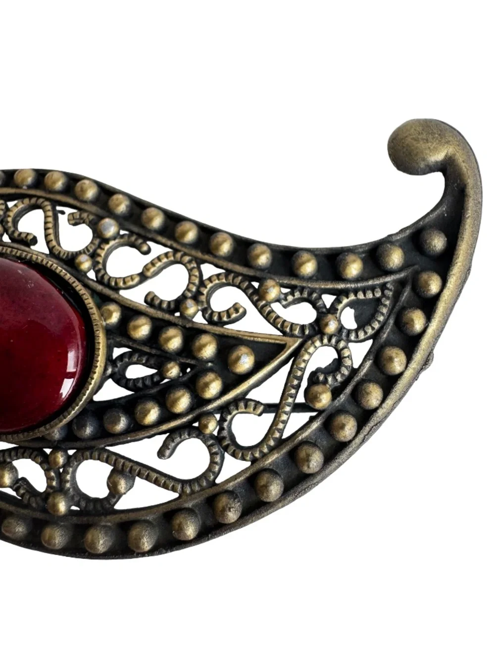 Vintage Japanese Cloisonne Brooch Red Enamel Paisley Brass Tone Filigree Pin